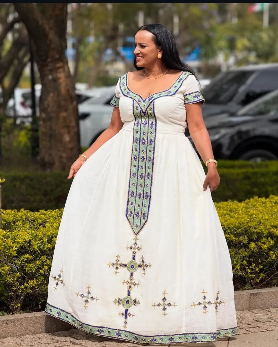 Lovely Green and Blue Ethiopian Clothing: with Modern Patterns and Cross Detailing Habesha Dress Gorgeous Traditional Eritrean Dress