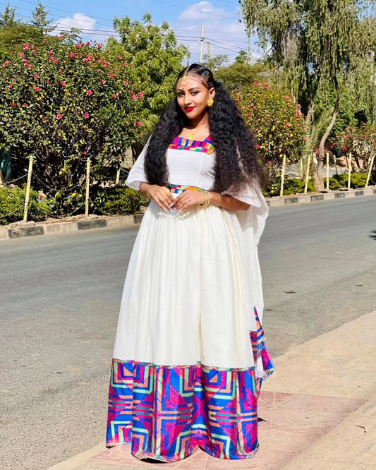 Artistic Multicolored Habesha Kemis contemporary Ethiopian traditional wear