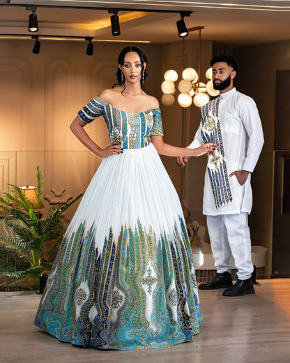 Modern Off-Shoulder Habesha Wedding Dress with Artistic Detailing