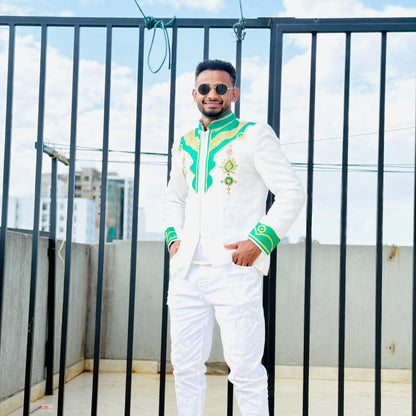 Charming Traditional Men's Shirt Green Accent Habesha Clothing