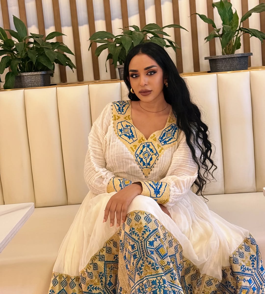 Stunning White Ethiopian Dress Adorned with Blue & Gold Motifs – Habesha Kemis