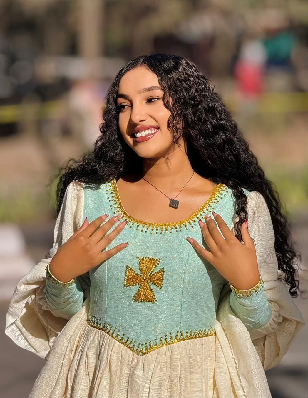 Simple yet stunning Light Blue Habesha Kemis with Gold Cross Embroidery - Ethiopian Dress