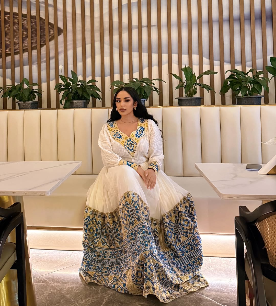 Stunning White Ethiopian Dress Adorned with Blue & Gold Motifs – Habesha Kemis