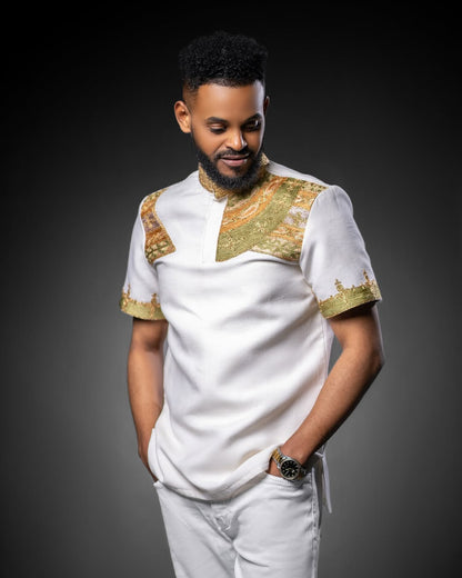 Elegant Ethiopian Men's Shirt with Brown Accent Embroidery Habesha Men's Shirt