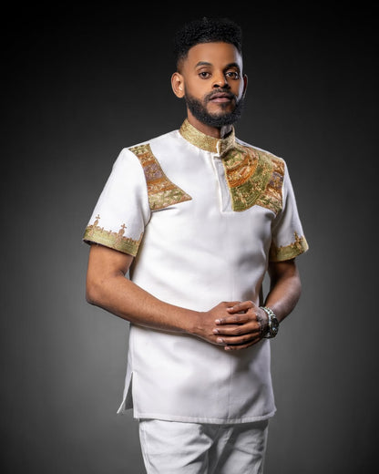 Elegant Ethiopian Men's Shirt with Brown Accent Embroidery Habesha Men's Shirt