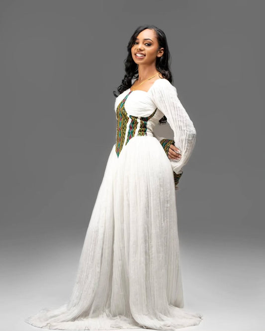 Vibrant White Habesha Kemis with Colorful Embroidery - Ethiopian Traditional Clothing 