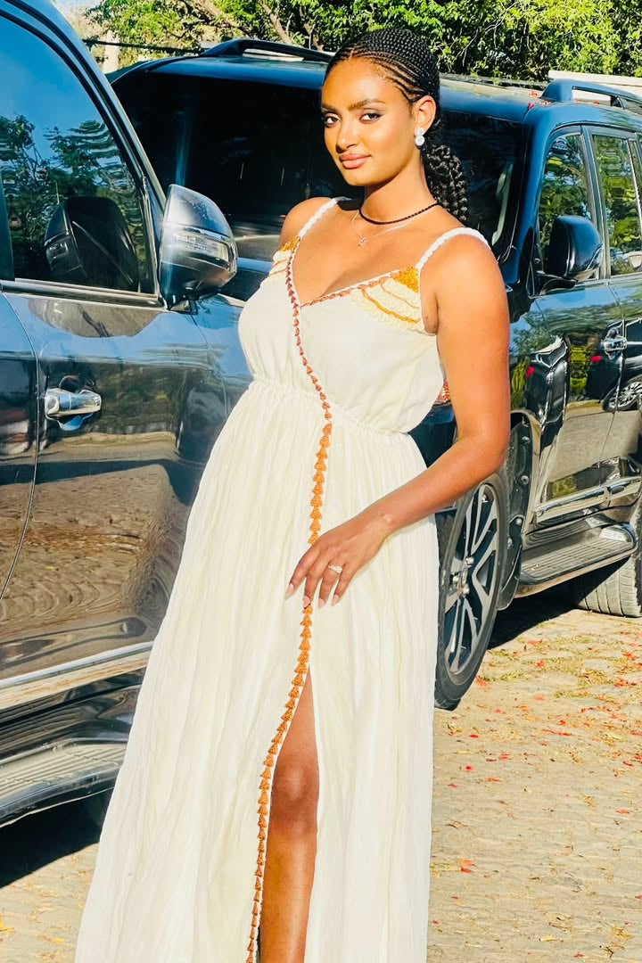 Stunning Ethiopian Cultural Dress - Habesha Kemis with Gold & Orange Embroidery