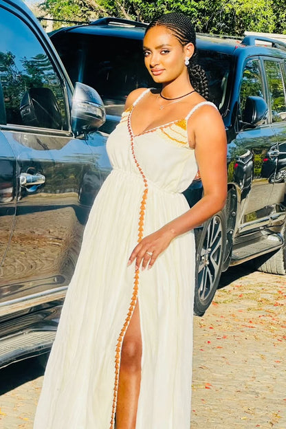 Stunning Ethiopian Cultural Dress - Habesha Kemis with Gold & Orange Embroidery