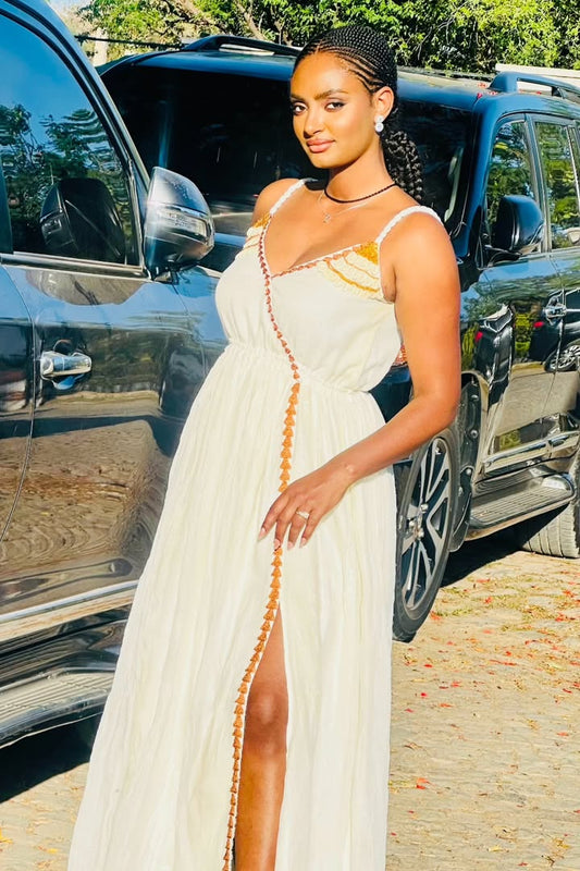 Stunning Ethiopian Cultural Dress - Habesha Kemis with Gold & Orange Embroidery