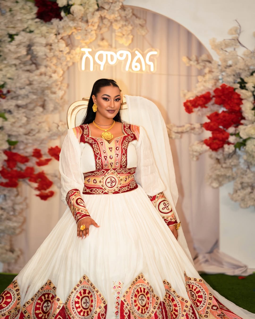 Graceful Habesha Kemis with Red & Gold Embroidery – Ethiopian Wedding Dress