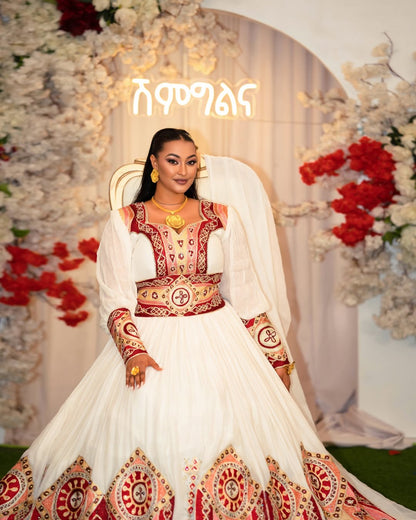 Graceful Habesha Kemis with Red & Gold Embroidery – Ethiopian Wedding Dress