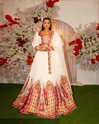 Graceful Habesha Kemis with Red & Gold Embroidery – Ethiopian Wedding Dress