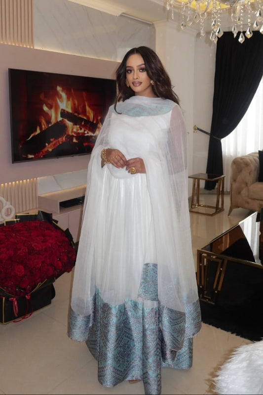 Simple White Habesha Kemis with Blue Accent – Modern Ethiopian Dress