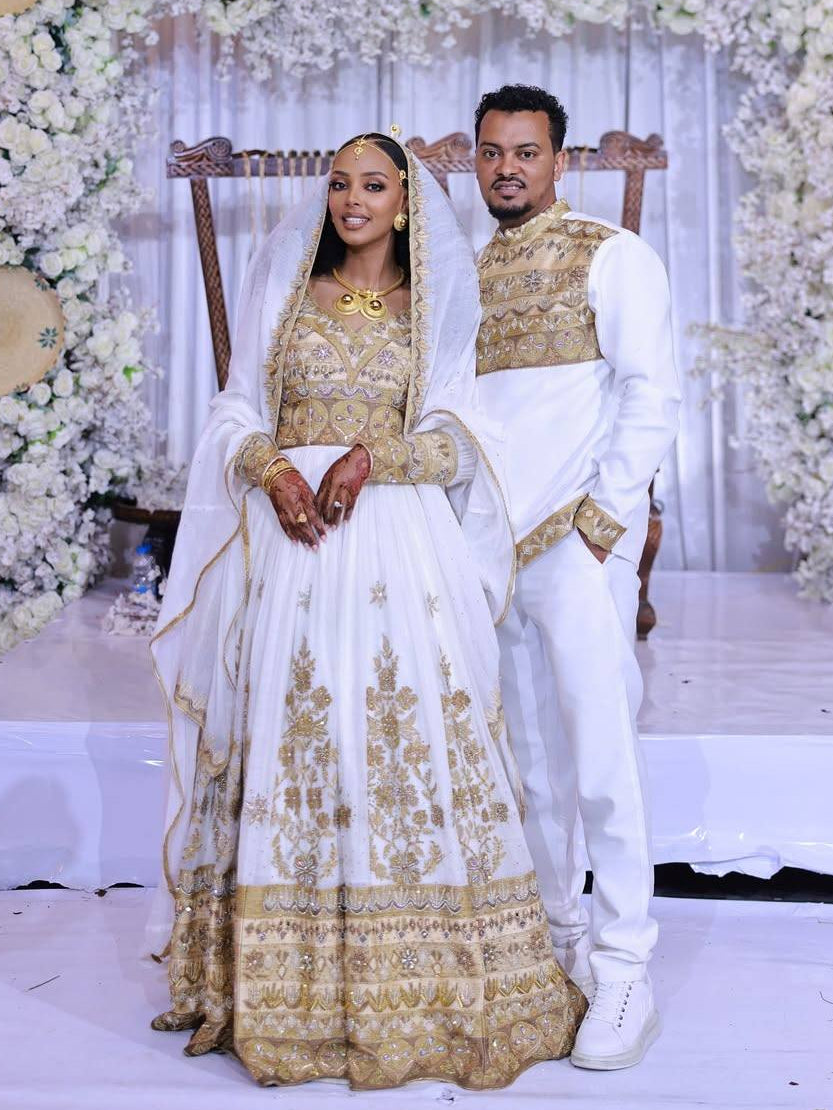 Regal Ethiopian Couple's Outfits with Gold Embroidery – Traditional Bridal Wear