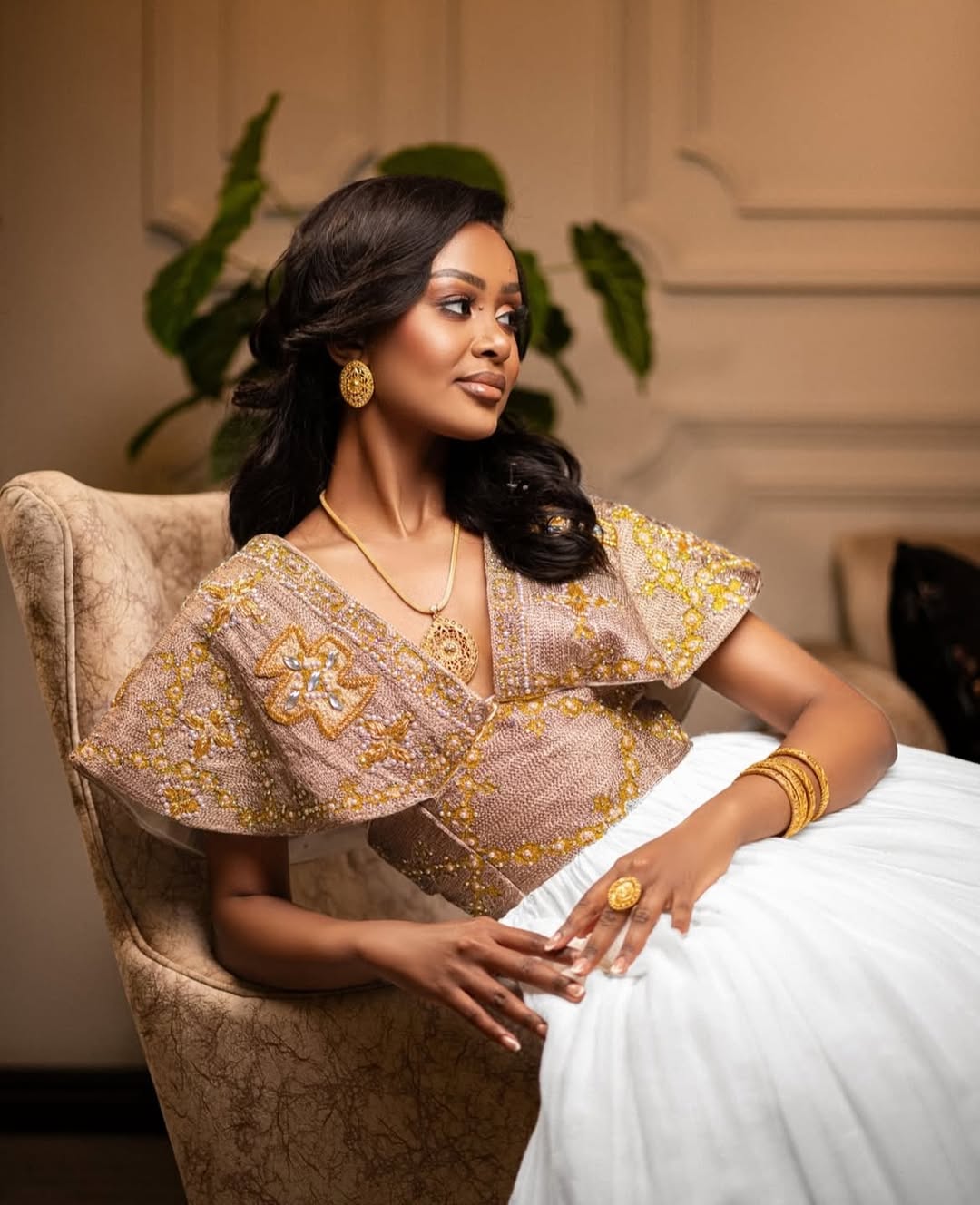 Regal White Habesha Wedding Dress with Gold & Bronze Embroidery – Ethiopian Bridal Dress