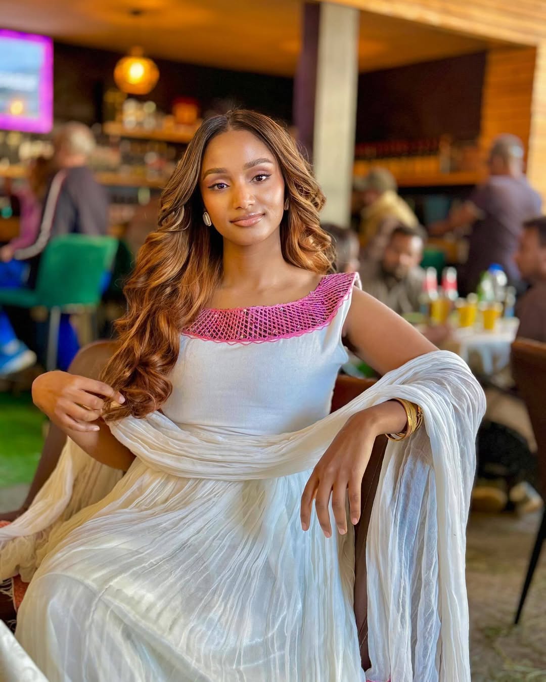 Vibrant White Habesha Kemis with Pink Trim – Ethiopian Dress