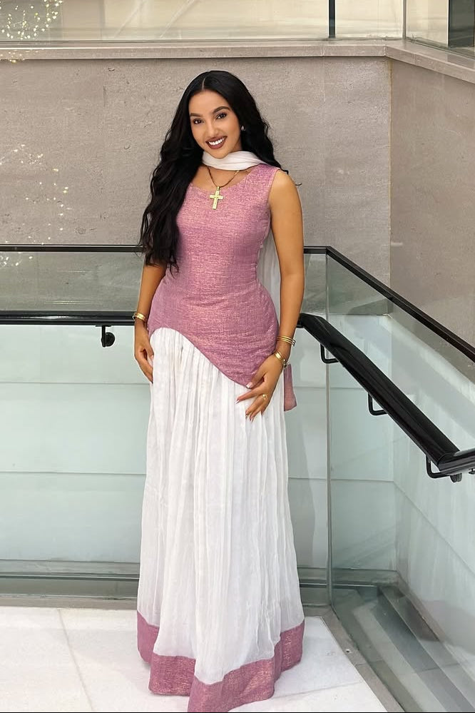 Elegant  Pink & White Ethiopian Dress with Asymmetrical Drape - Eritrean Zuria 