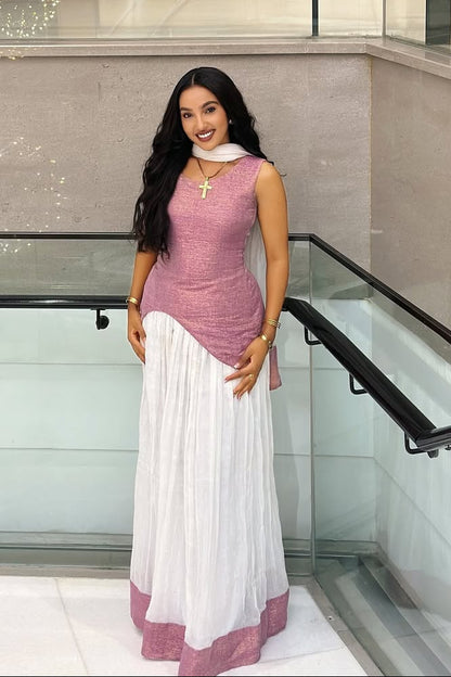 Elegant  Pink & White Ethiopian Dress with Asymmetrical Drape - Eritrean Zuria 