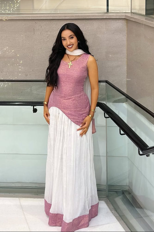 Elegant  Pink & White Ethiopian Dress with Asymmetrical Drape - Eritrean Zuria 