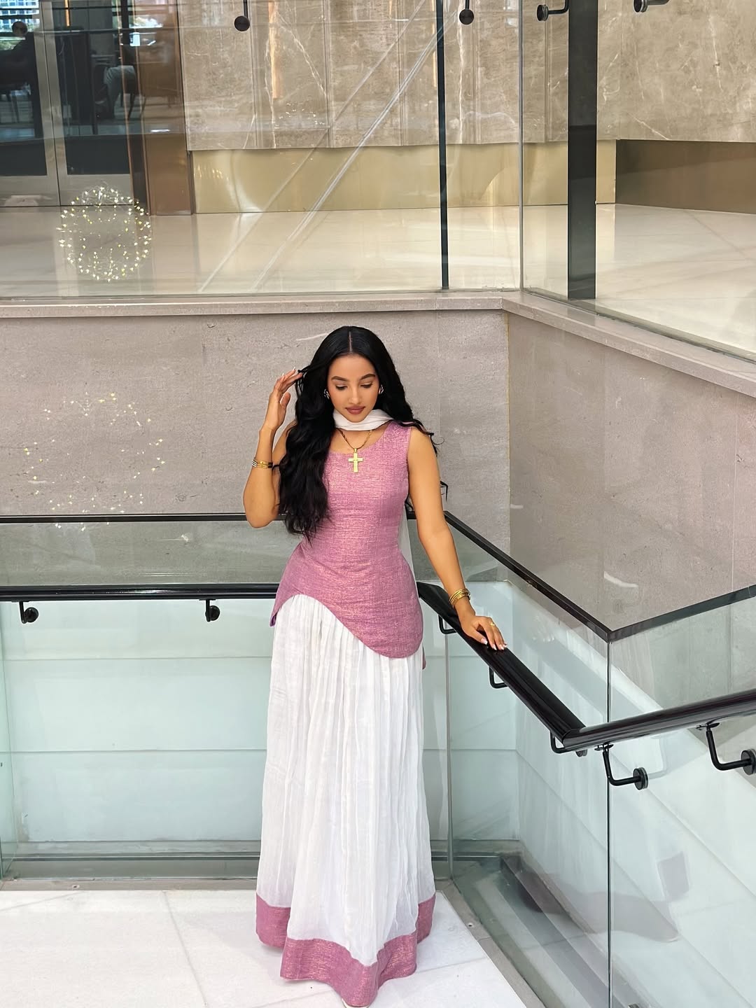 Elegant  Pink & White Ethiopian Dress with Asymmetrical Drape - Eritrean Zuria