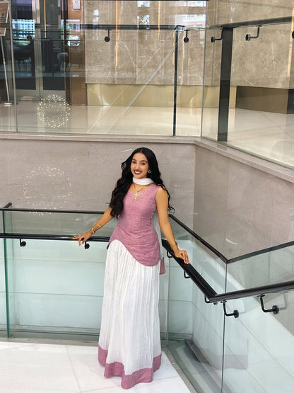 Elegant  Pink & White Ethiopian Dress with Asymmetrical Drape - Eritrean Zuria