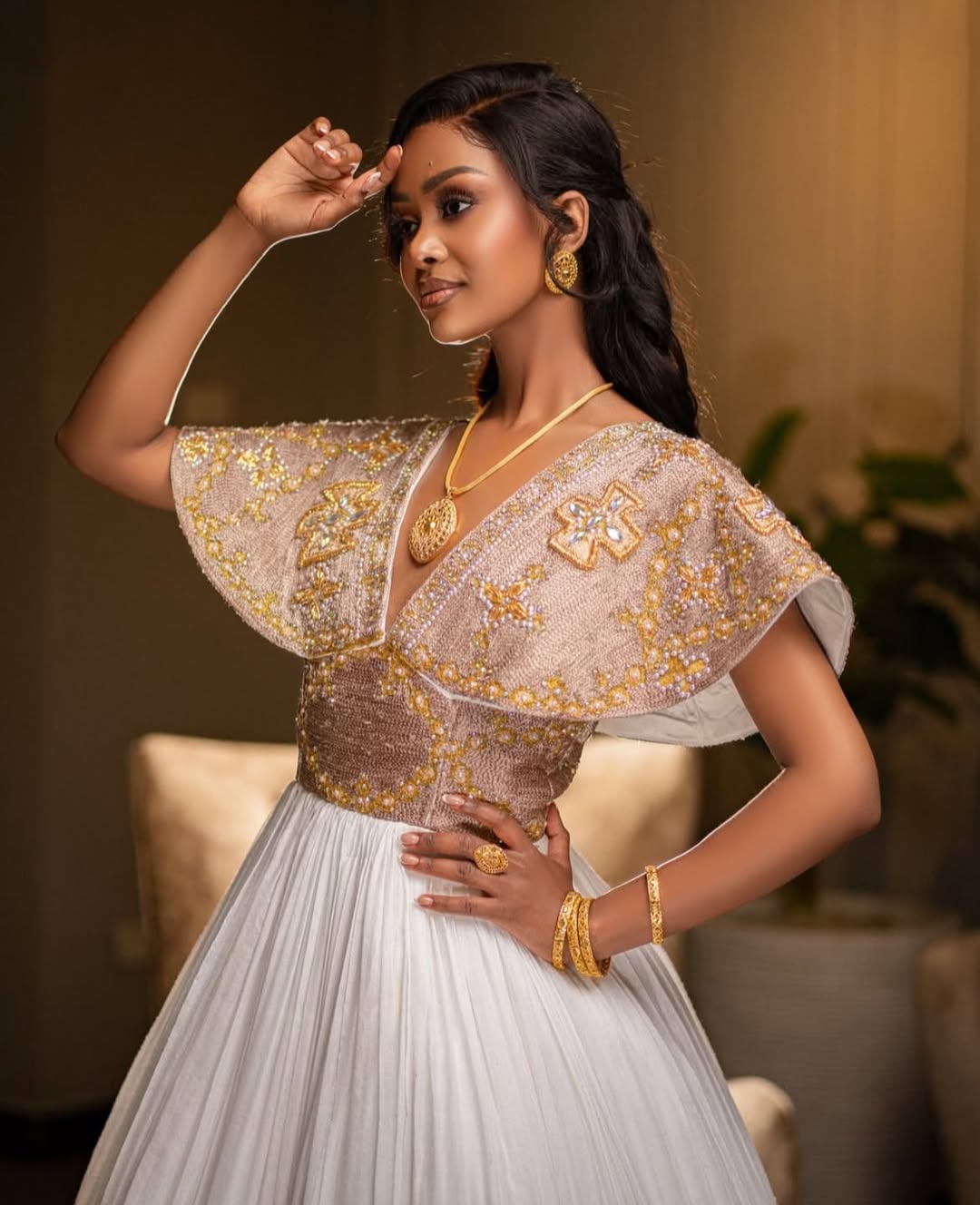 Regal White Habesha Wedding Dress with Gold & Bronze Embroidery – Ethiopian Bridal Dress