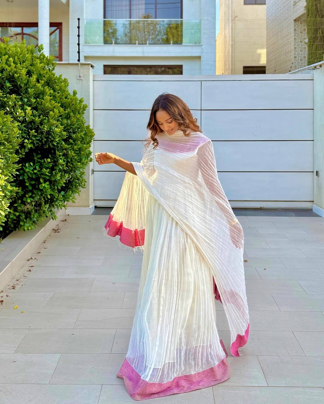 Vibrant White Habesha Kemis with Pink Trim – Ethiopian Dress