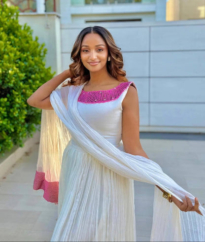 Vibrant White Habesha Kemis with Pink Trim – Ethiopian Dress