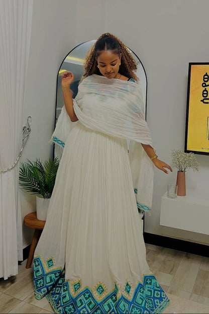 Gorgeous Habesha Kemis with Aqua Blue Embroidery – Ethiopian Traditional Clothing – Habesha Dress