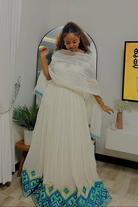 Gorgeous Habesha Kemis with Aqua Blue Embroidery – Ethiopian Traditional Clothing – Habesha Dress