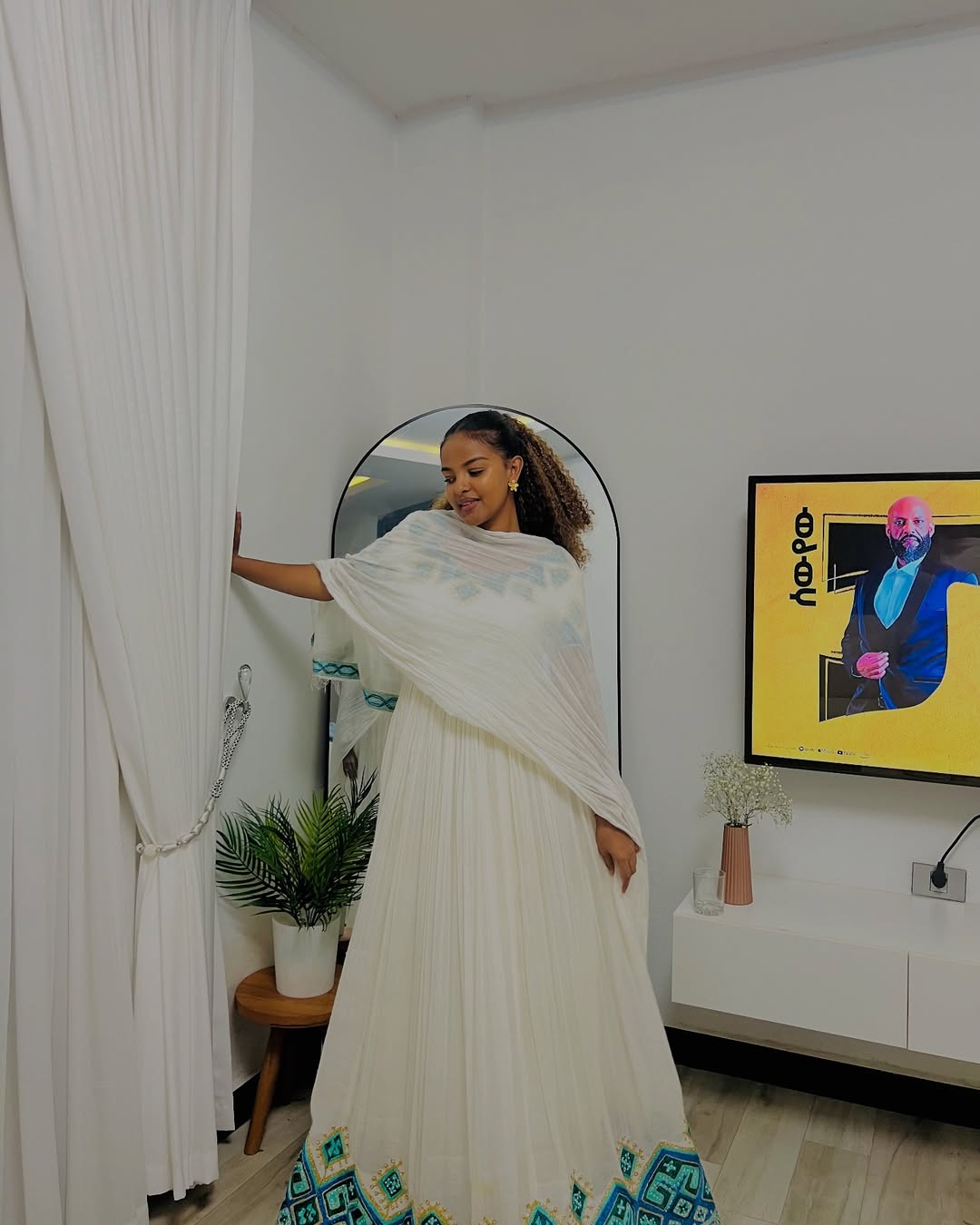 Gorgeous Habesha Kemis with Aqua Blue Embroidery – Ethiopian Traditional Clothing – Habesha Dress