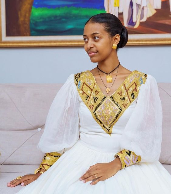 Captivating Golden Traditional Ethiopian Wedding Dress Closeup