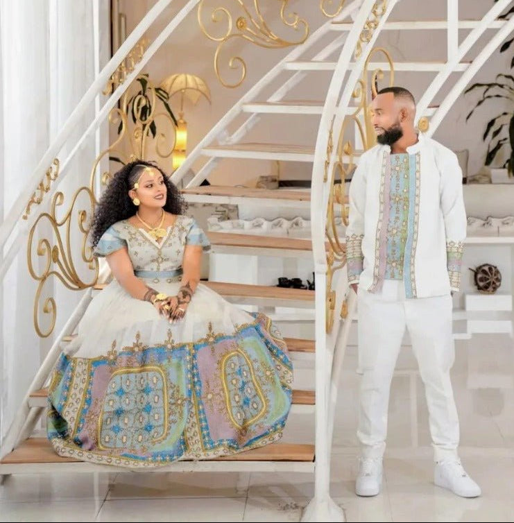 Beautiful Pastel Couples outfit – Zuriya - Habesha Kemis - Habesha Wedding Dress

