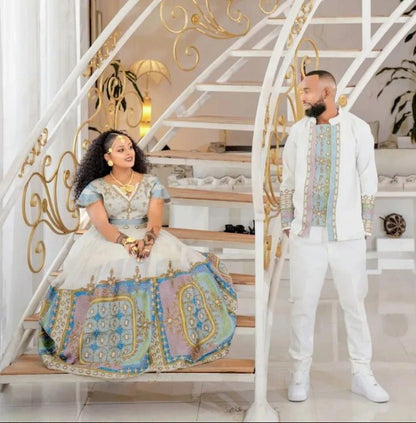 Beautiful Pastel Couples outfit – Zuriya - Habesha Kemis - Habesha Wedding Dress

