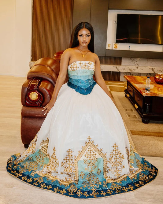 Blue and Gold Ethiopian Wedding Dress Elegant Habesha Kemis Off-Shoulder Habesha Wedding Dress 0009