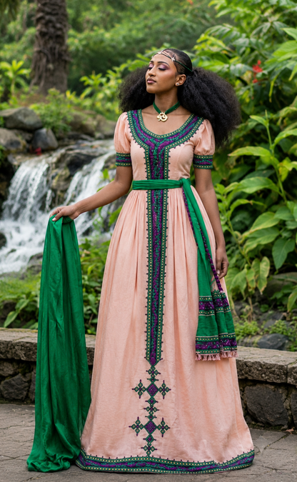 Enchanting Soft Peach Habesha Dress Emerald Green and Purple Geometric Ethiopian Clothing 953