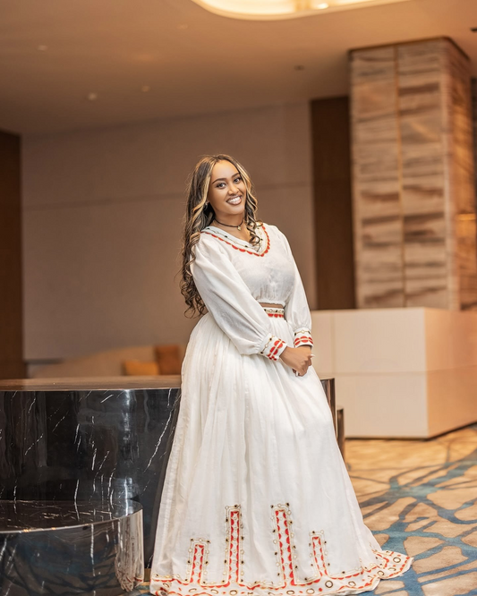 Red and Silver Handwoven Crop Top and Skirt Habesha Dress