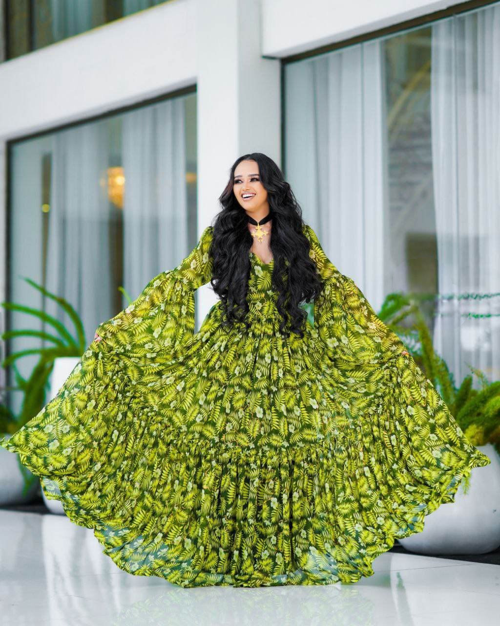 Delightful Light Green Ethiopian Chiffon Dress: for Any Daytime Events Habesha Chiffon Dress