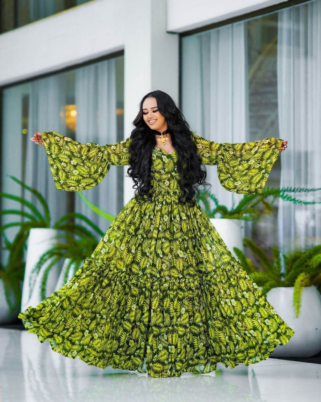 Delightful Light Green Ethiopian Chiffon Dress