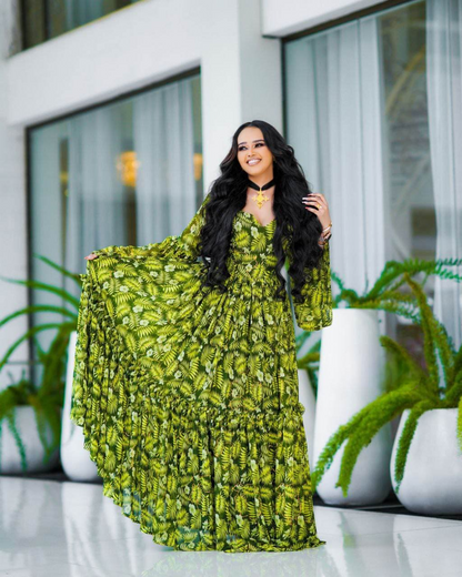 Delightful Light Green Ethiopian Chiffon Dress: for Any Daytime Events Habesha Chiffon Dress