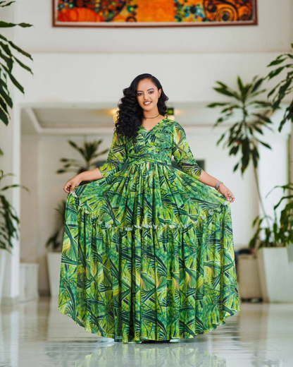 Green Floral Habesha Dress: Vibrant Ethiopian Chiffon Dress for Cultural Celebrations