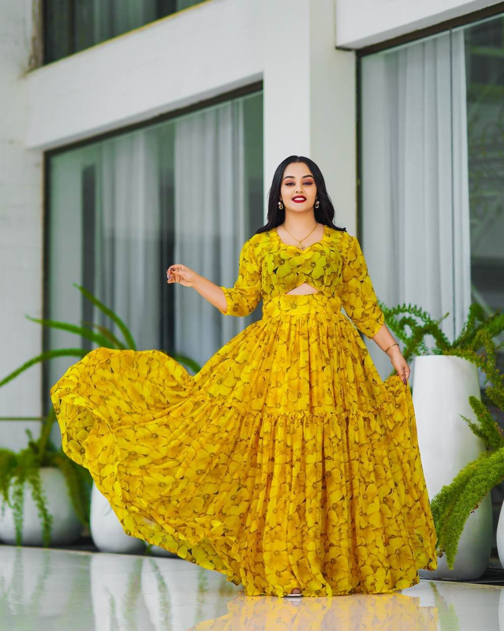 Modern Yellow Ethiopian Chiffon Dress: Bold Look with Cutout Design Habesha Dress