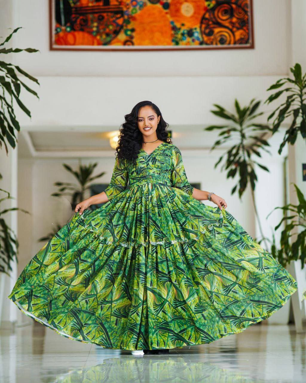 Green Floral Habesha Dress