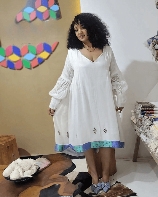 Blue Lightweight Habesha Kemis Free Size Short Traditional Ethiopian Dress