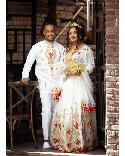 A Perfect Pair in Red Habesha Couples Outfit