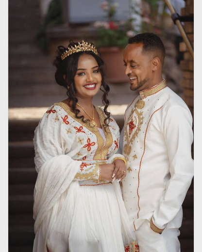 A Perfect Pair in Red Habesha Couples Outfit: Meticulously Designed Ethiopian Couples Attire