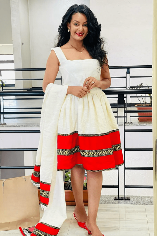 Classy Red Short Habesha Dress: with Handcrafted Embroidery Traditional Ethiopian Dress Modern Take on Eritrean Clothing