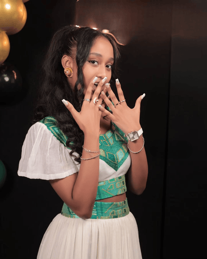 Finesse Green Crop Top and Skirt Habesha Outfit Closeup