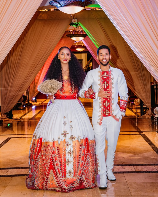  Breathtaking Red Habesha Couples Wedding Outfit 