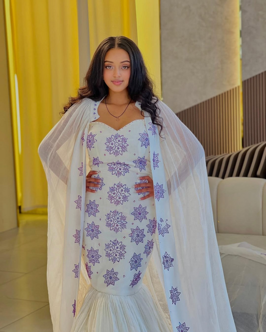 Elegant Mermaid Purple Habesha Dress: Strapless Dress with Beautiful Cape Traditional Ethiopian Clothing Modern Habesha Dress